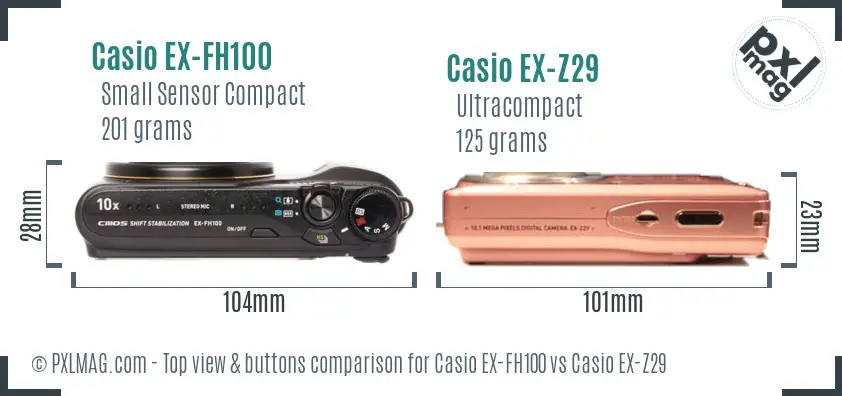 Casio EX-FH100 vs Casio EX-Z29 top view buttons comparison