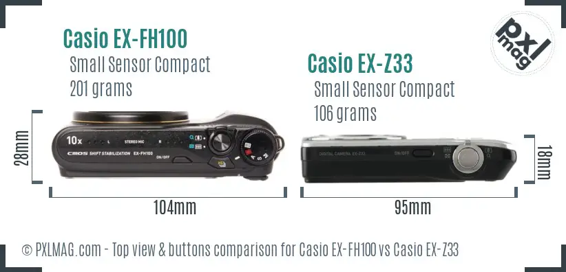 Casio EX-FH100 vs Casio EX-Z33 top view buttons comparison