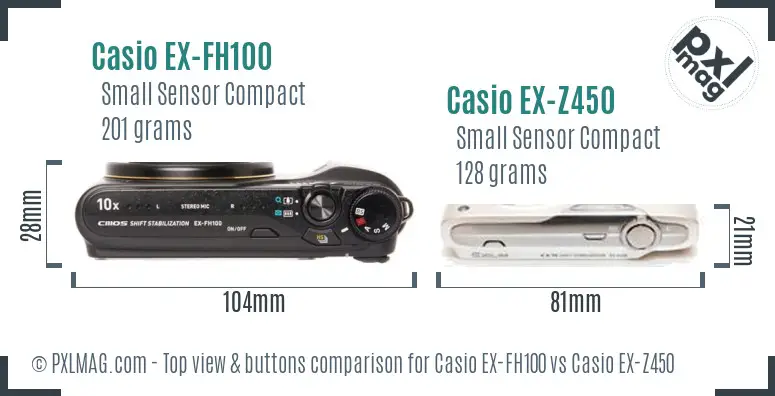 Casio EX-FH100 vs Casio EX-Z450 top view buttons comparison