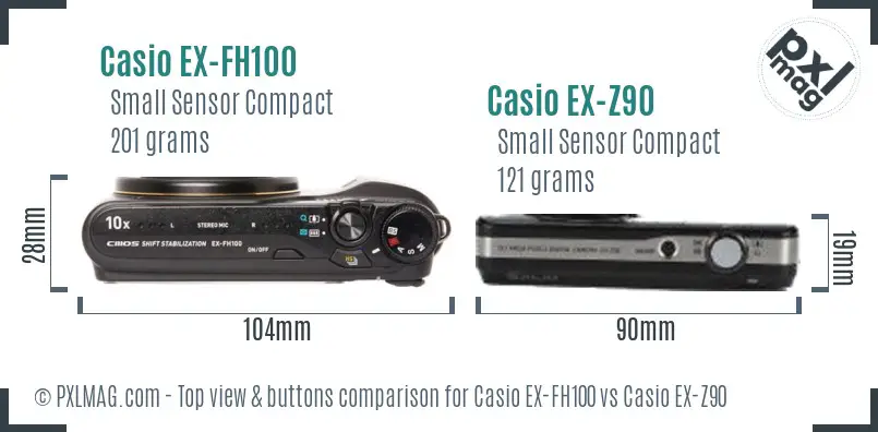 Casio EX-FH100 vs Casio EX-Z90 top view buttons comparison