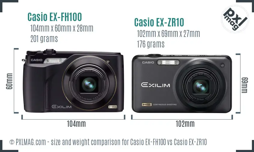 Casio EX-FH100 vs Casio EX-ZR10 size comparison
