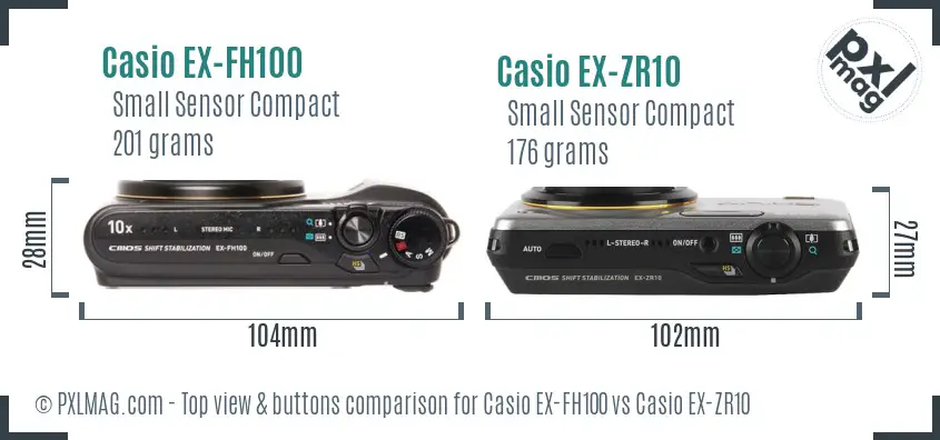 Casio EX-FH100 vs Casio EX-ZR10 top view buttons comparison