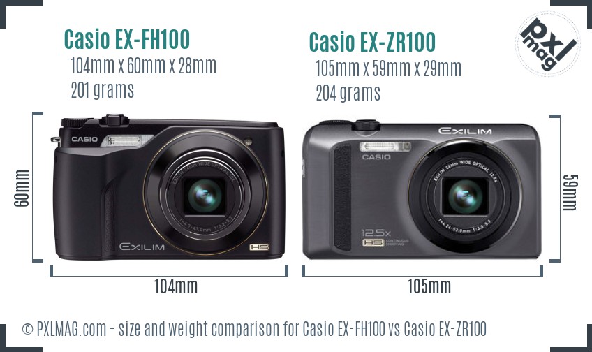 Casio EX-FH100 vs Casio EX-ZR100 size comparison