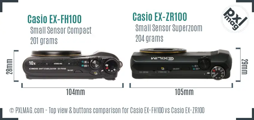 Casio EX-FH100 vs Casio EX-ZR100 top view buttons comparison