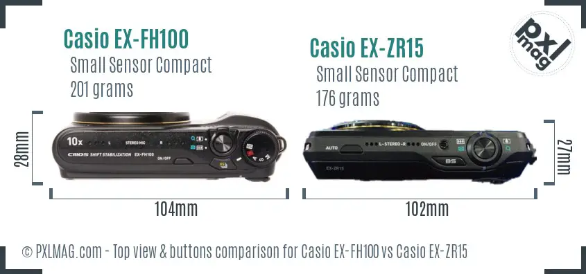 Casio EX-FH100 vs Casio EX-ZR15 top view buttons comparison