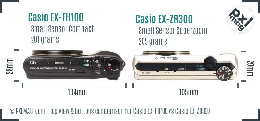 Casio EX-FH100 vs Casio EX-ZR300 top view buttons comparison