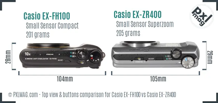 Casio EX-FH100 vs Casio EX-ZR400 top view buttons comparison
