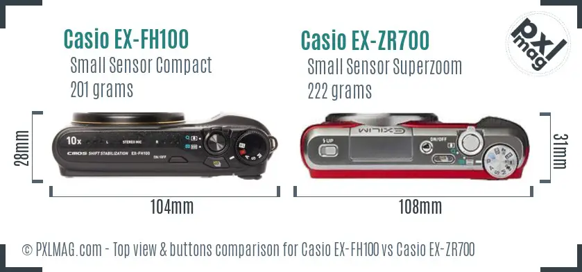 Casio EX-FH100 vs Casio EX-ZR700 top view buttons comparison