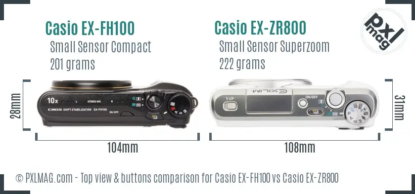 Casio EX-FH100 vs Casio EX-ZR800 top view buttons comparison