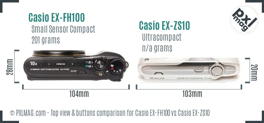 Casio EX-FH100 vs Casio EX-ZS10 top view buttons comparison