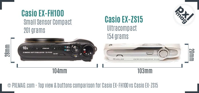 Casio EX-FH100 vs Casio EX-ZS15 top view buttons comparison