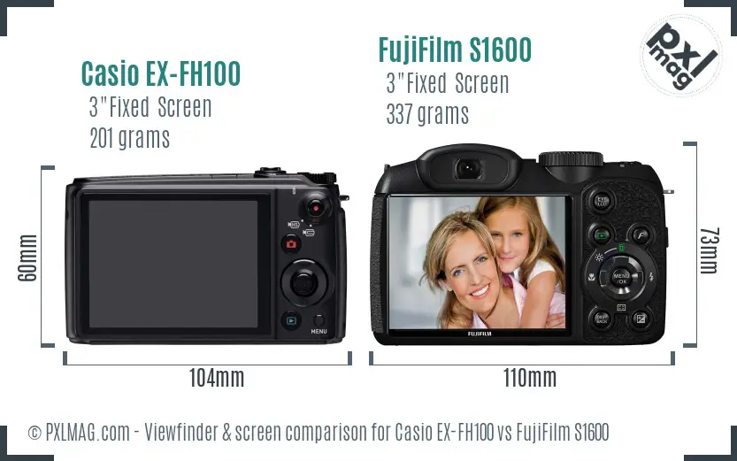 Casio EX-FH100 vs FujiFilm S1600 Screen and Viewfinder comparison