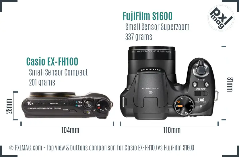 Casio EX-FH100 vs FujiFilm S1600 top view buttons comparison