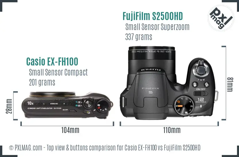 Casio EX-FH100 vs FujiFilm S2500HD top view buttons comparison