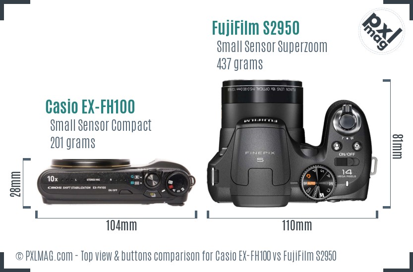 Casio EX-FH100 vs FujiFilm S2950 top view buttons comparison