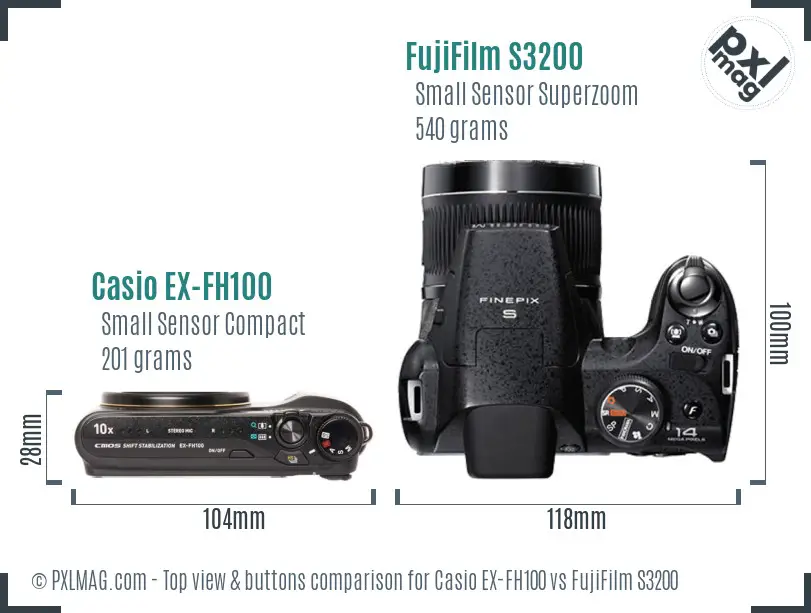 Casio EX-FH100 vs FujiFilm S3200 top view buttons comparison Casio EX-FH100 vs FujiFilm S3200 top view buttons comparison