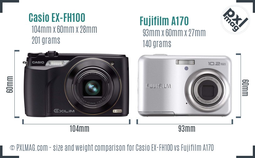 Casio EX-FH100 vs Fujifilm A170 size comparison