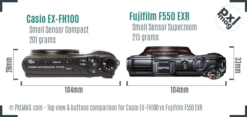 Casio EX-FH100 vs Fujifilm F550 EXR top view buttons comparison