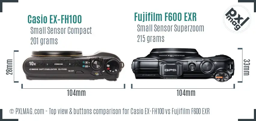 Casio EX-FH100 vs Fujifilm F600 EXR top view buttons comparison