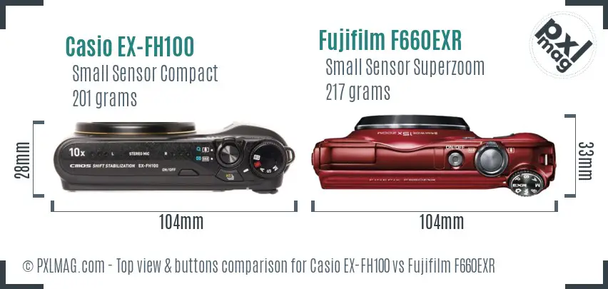 Casio EX-FH100 vs Fujifilm F660EXR top view buttons comparison