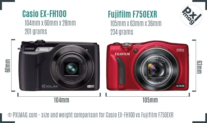 Casio EX-FH100 vs Fujifilm F750EXR size comparison