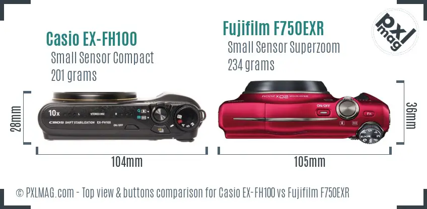 Casio EX-FH100 vs Fujifilm F750EXR top view buttons comparison