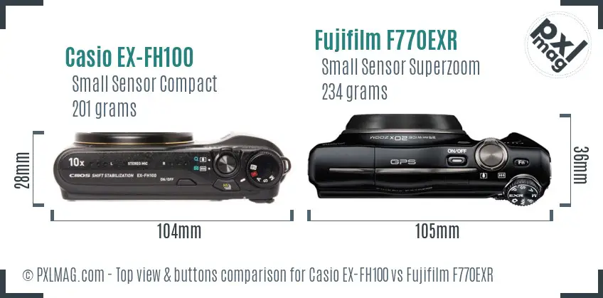 Casio EX-FH100 vs Fujifilm F770EXR top view buttons comparison