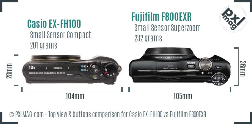 Casio EX-FH100 vs Fujifilm F800EXR top view buttons comparison Casio EX-FH100 vs Fujifilm F800EXR top view buttons comparison