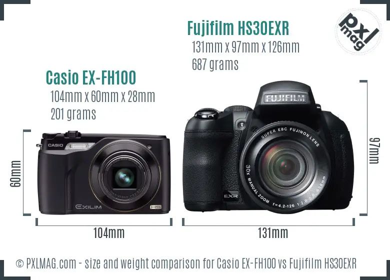 Casio EX-FH100 vs Fujifilm HS30EXR size comparison