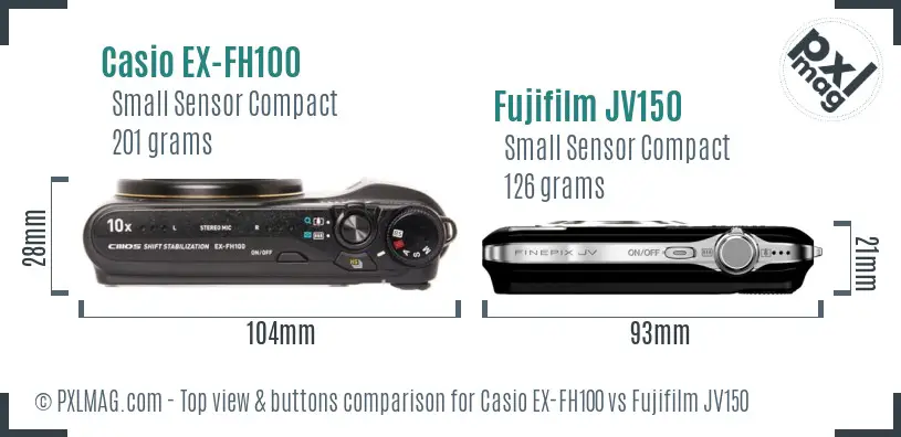 Casio EX-FH100 vs Fujifilm JV150 top view buttons comparison
