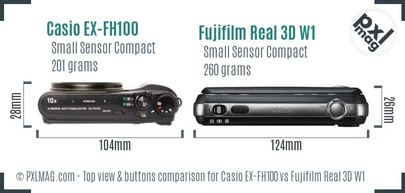 Casio EX-FH100 vs Fujifilm Real 3D W1 top view buttons comparison