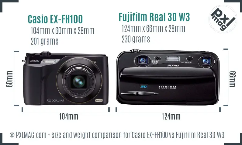 Casio EX-FH100 vs Fujifilm Real 3D W3 size comparison
