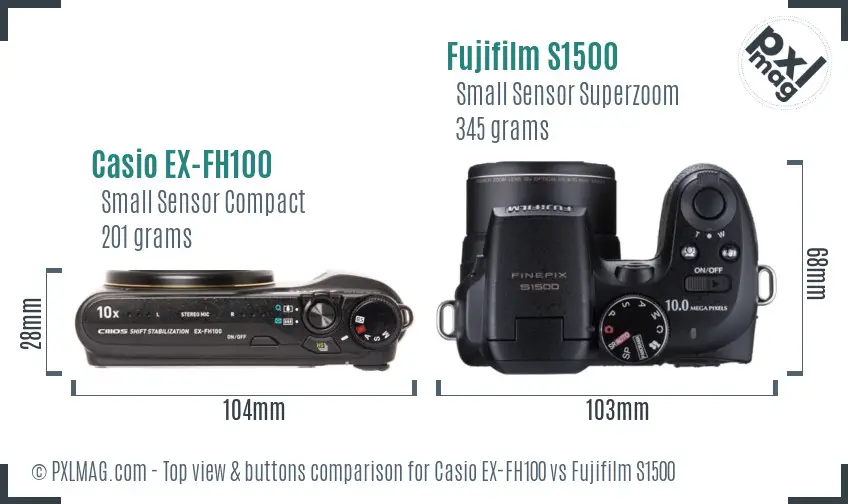 Casio EX-FH100 vs Fujifilm S1500 top view buttons comparison