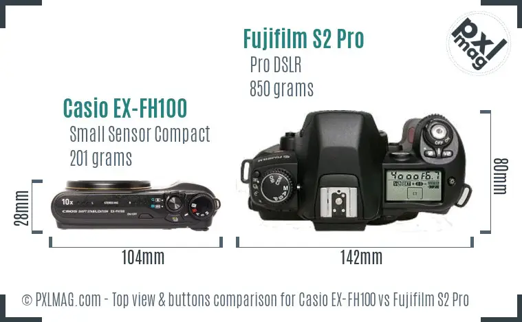 Casio EX-FH100 vs Fujifilm S2 Pro top view buttons comparison