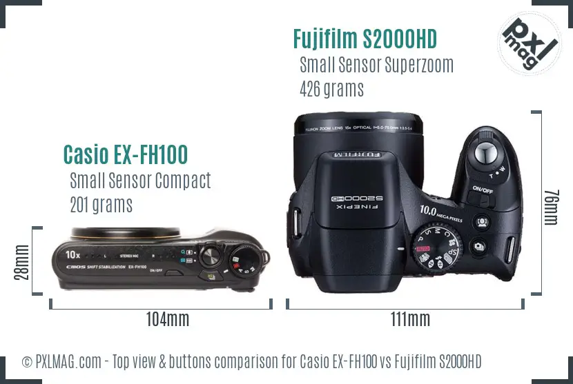 Casio EX-FH100 vs Fujifilm S2000HD top view buttons comparison Casio EX-FH100 vs Fujifilm S2000HD top view buttons comparison