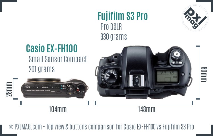 Casio EX-FH100 vs Fujifilm S3 Pro top view buttons comparison