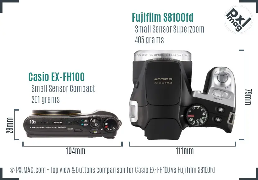 Casio EX-FH100 vs Fujifilm S8100fd top view buttons comparison