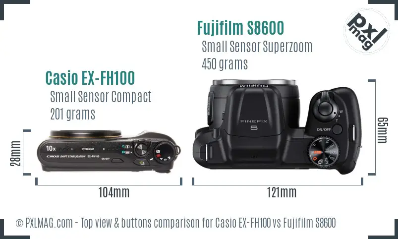 Casio EX-FH100 vs Fujifilm S8600 top view buttons comparison Casio EX-FH100 vs Fujifilm S8600 top view buttons comparison