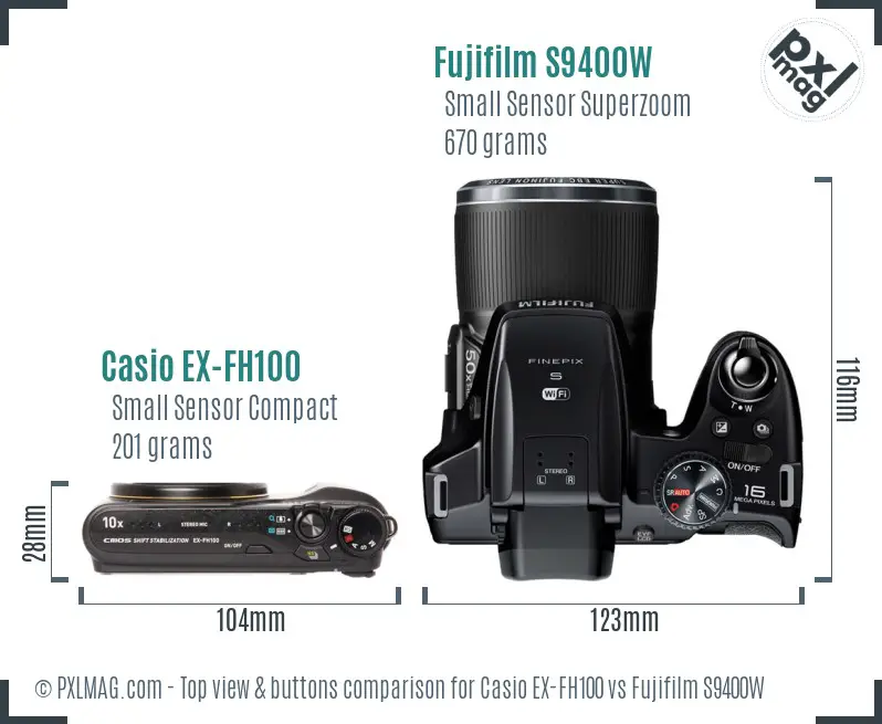 Casio EX-FH100 vs Fujifilm S9400W top view buttons comparison