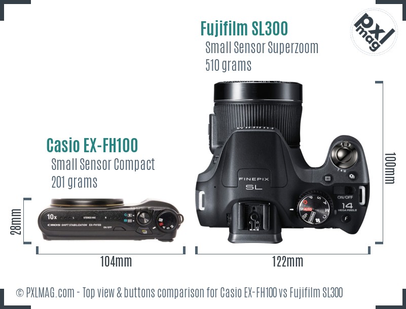 Casio EX-FH100 vs Fujifilm SL300 top view buttons comparison