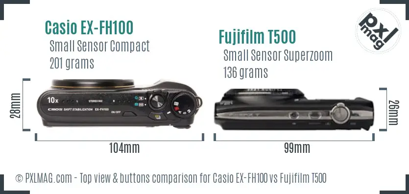 Casio EX-FH100 vs Fujifilm T500 top view buttons comparison