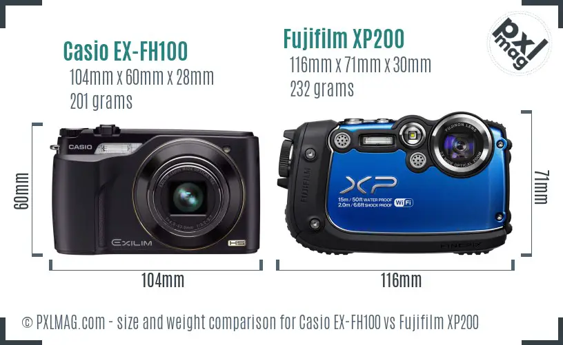 Casio EX-FH100 vs Fujifilm XP200 size comparison