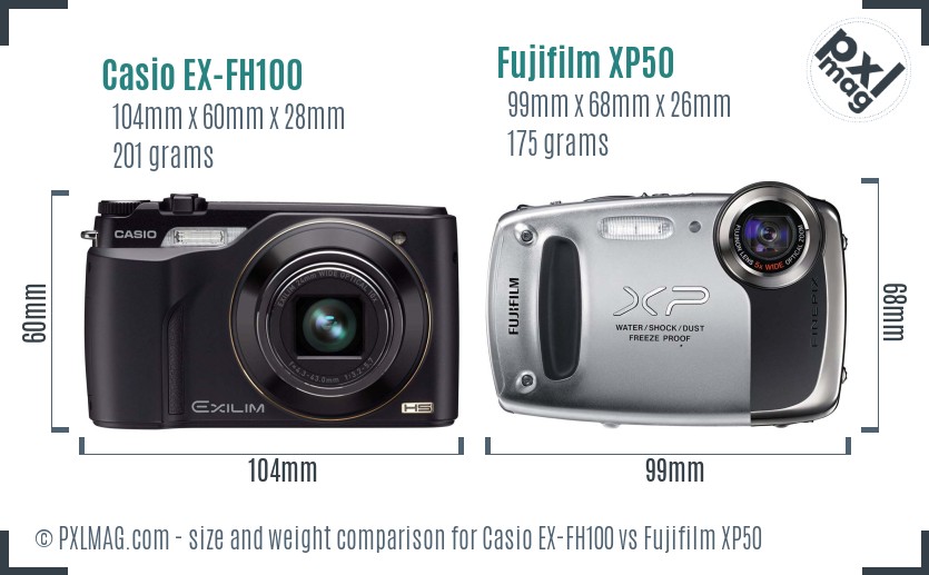 Casio EX-FH100 vs Fujifilm XP50 size comparison