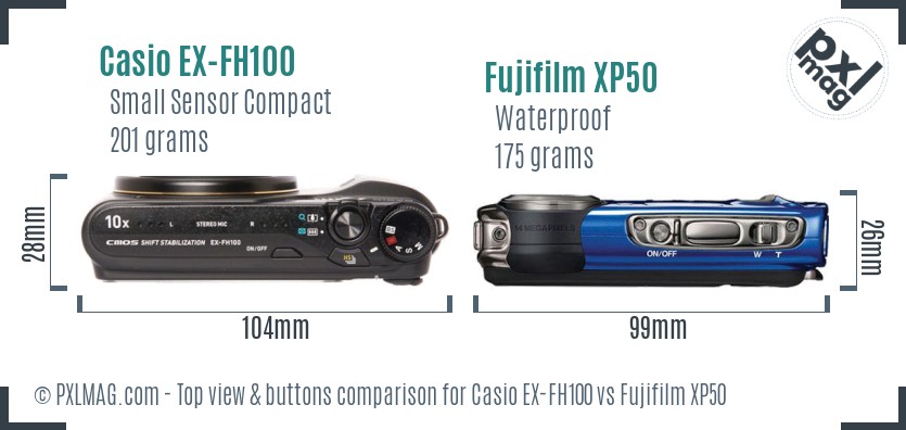 Casio EX-FH100 vs Fujifilm XP50 top view buttons comparison