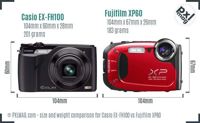 Casio EX-FH100 vs Fujifilm XP60 size comparison