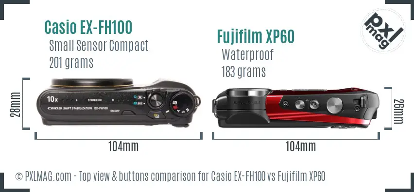 Casio EX-FH100 vs Fujifilm XP60 top view buttons comparison