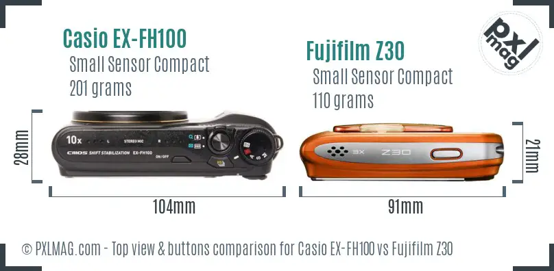Casio EX-FH100 vs Fujifilm Z30 top view buttons comparison Casio EX-FH100 vs Fujifilm Z30 top view buttons comparison