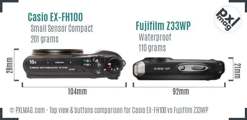 Casio EX-FH100 vs Fujifilm Z33WP top view buttons comparison