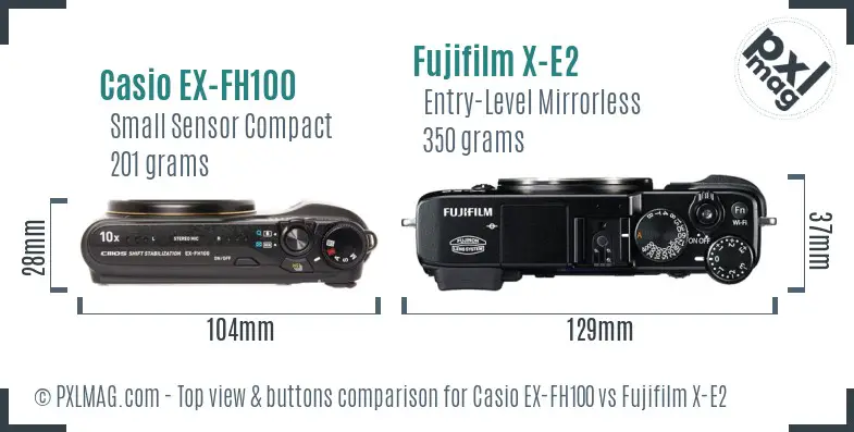 Casio EX-FH100 vs Fujifilm X-E2 top view buttons comparison