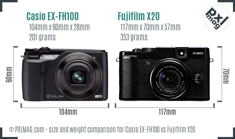 Casio EX-FH100 vs Fujifilm X20 size comparison
